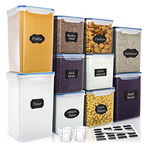 VERONES Large Tall Airtight Food Storage Containers, 10 PACK Plastic Airtight Kitchen & Pantry Organization, Ideal for Flour & Sugar Plastic Canisters with Labels - color: Blue