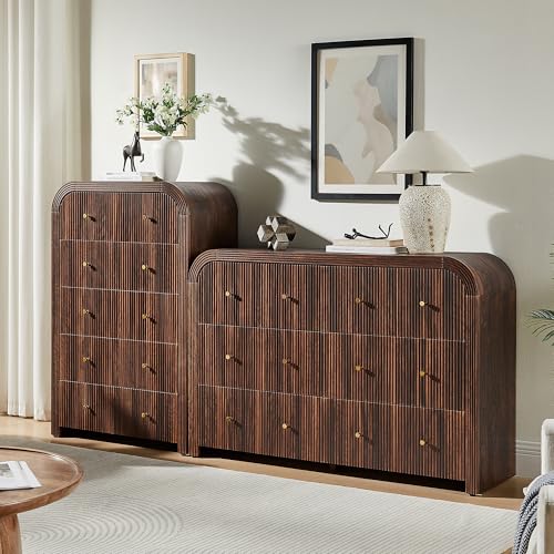 T4TREAM Fluted Dresser for Bedroom with 6 Drawers, 54" Wide Modern Chest of Drawers with Thickened Curved Profile Design, Wood Dressers TV Stand for Bedroom, Living Room, Hallway, Dark Walnut - color: Dark Walnut, size: 15.75"D x 54"W x 36"H(6 Drawers)