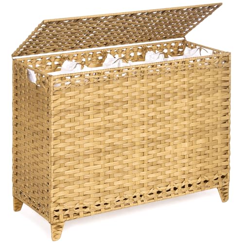 Laundry Hamper with 4 Removable Liner Bags; 176L Handwoven Rattan Laundry Basket with Lid & Heightened Feet; Clothes Hamper with Side Handles - color: Natural, size: 176L-4 Section