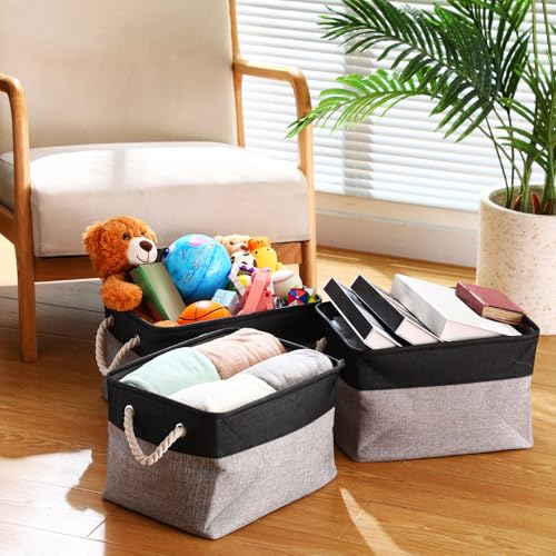 meekoo 8 Pack Collapsible Storage Bins Fabric Storage Bins Polyester Fabric Baskets with Handles Linen Closet Organizer for Shelf Home Closet Towels Toys(15 x 11 x 9.5 in,Black Gray) - color: Black Gray, size: 15 x 11 x 9.5 In