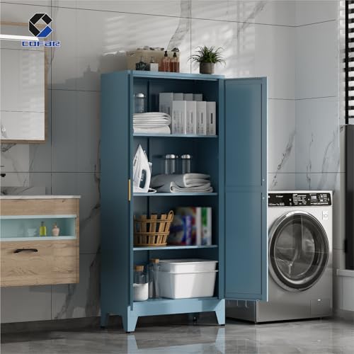 COFaR 61'' Tall Metal Storage Cabinet, Farmhouse Kitchen Pantry Cabinet with Doors and 3 Adjustable Shelves, Metal Pantry Storage Cabinets for Kitchen, Laundry, Peacock Blue 4-Tier - color: Peacock Blue, size: 61 Tall 2 Doors-Tree Door