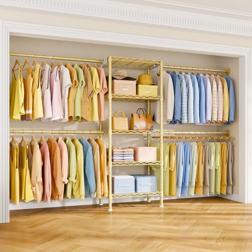 Ulif M2 Wall-Mounted Clothes Rack, Metal Closet System with 4 Expandable Hanger Rods and 5 Metal Shelves, Mount-on-Wall Clothing Storage Organizer in (70.8-102.3)" L x 14.5" D x 71.2" H, Gold - color: Gold, size: M2