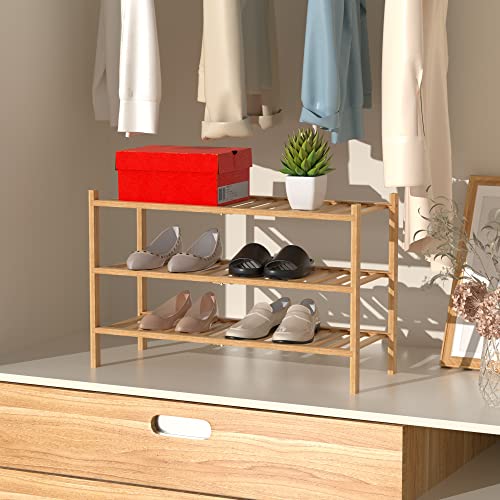 RONGJlA 3 Tier Bamboo Shoe Rack for Closet Free Standing Wood Shoe Shelf Storage Organizer for Entryway Small Space Stackable, Natural - color: Natural, size: 3-Tier-Regular