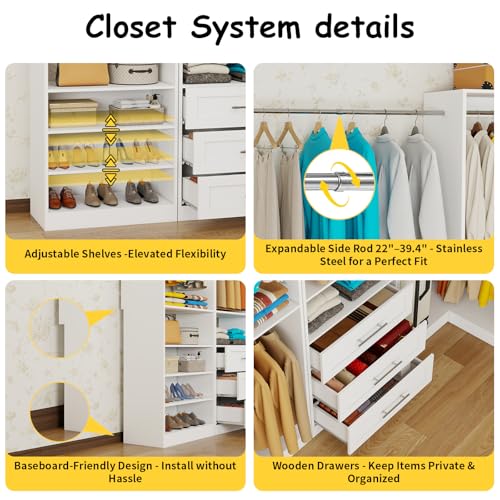 Closet System with 6 Drawers, Corner Closet Organizer System with 9 Rods & Shelves Walk in Wooden Modular Closet Storage System L-Shaped U -Shaped Freestanding 4 Sets, 2500+ Lbs Capacity White - color: Cl07090910