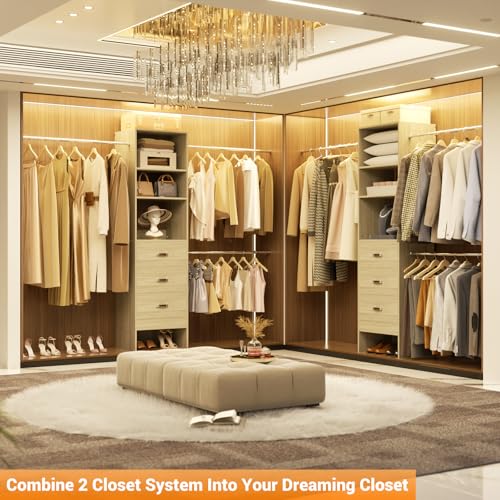 Homieasy 96 Inches Closet Organizer System, 8FT Customizable Walk In Closet Organizer with Hanging Rods, 3 Leather Handle Drawers Garment Rack, 96" L x 16" W x 75" H, Max Load 1000 LBS, White Oak - color: White Oak