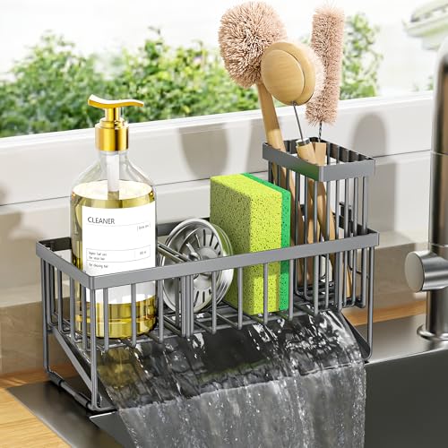 Cisily Sink Caddy Organzier with High Brush Holder, Sponge Holder for Sink, 304 Rustproof Stainless, Kitchen Countertop Soap Dispenser Organizer, Dark Gray Kitchen Decor and Accessories - color: Dark Grey, size: 9.25″