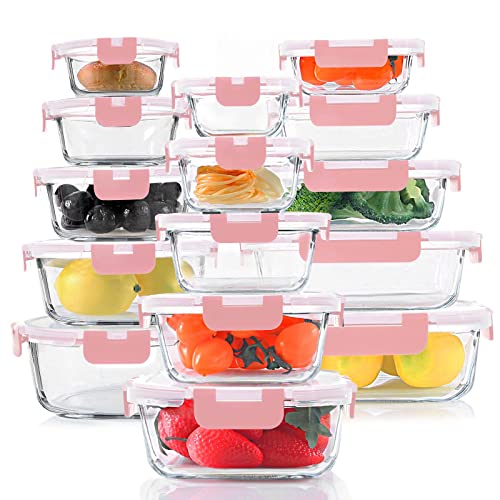 KOMUEE 30 Pieces Glass Food Storage Containers Set, Meal Prep Containers Set with Snap Locking Lids, Airtight Glass lunch Containers, Microwave, Oven, Freezer & Dishwasher,Pink - color: Pink