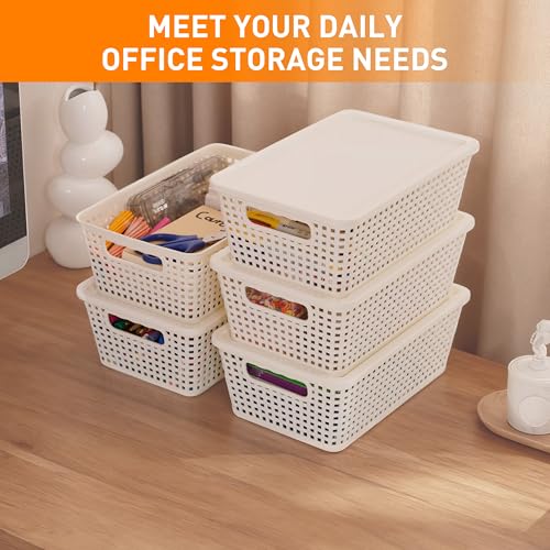 Plastic Storage Baskets With Lid, Storage Bins for Organizing, Stackable Decorative Containers for Shelves Drawers Desktop Closet Playroom Classroom Office, 6 Pack- White - color: White, size: 6 Pack