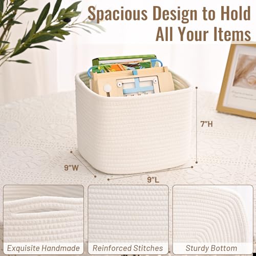 3 Pack Cube Storage Bin, 9”x9”x7” Cotton Rope Woven Baskets for Organizing Toys Clothes Towels, Square Gift Storage Baskets for Shelves, Nursery, Closet, Bathroom, Pantry (White) - color: White, size: 9" x 9" x 7"