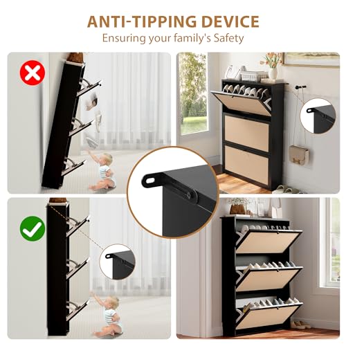 Narrow Shoe Storage Cabinet, 31.5" Slim Shoe Organizer with 3 Flip Drawer, Modern Hidden Shoes Cabinet for Entryway, Non-Divider Drawer Wood Shoe Storage for Hallway, Living Room (Black) - color: Linen-black, size: 3-Drawer-No Divider
