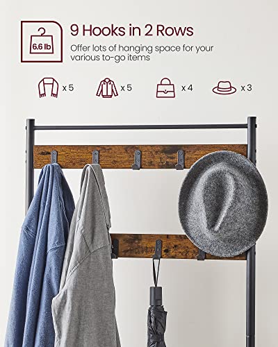 VASAGLE Coat Rack, Hall Tree with Shoe Storage Bench, Entryway Bench with Shoe Storage, 3-in-1, Steel Frame, for Entryway, 12.6 x 27.6 x 68.9 Inches, Industrial, Rustic Brown and Black UHSR41BX - color: Rustic Brown + Black, size: 27.6"W