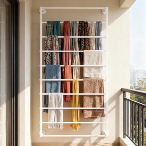 10-Layer Wall Mounted Display Rack, Tie & Scarf Rack Belt Towel Holder Wrapping Paper Ribbon Organizer Scarves Belts Necktie Hijab Stand Metal Shelving for Home, Retail Stores, Flower Shop - color: White, size: L: 23.6 in, H: 47.2 in