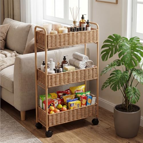 FOCHIER F Utility Slim Storage Cart,3-Tier Rolling Kitchen Office Laundry Room Cart,Mobile Shelving Unit Organizer for Living Room Bathroom Baby Diaper Narrow Places (Natural, 3 Tiers-7.1 inch (W)) - color: Natural
