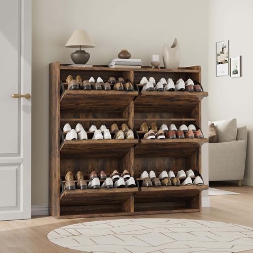 GarveeHome Shoe Cabinet with 6 Flip Drawers, Wooden Shoe Organizer Cabinet with Adjustable Shelf, Shoe Storage for Entryway, Hidden Shoe Cabinet for Hallway, Living Room, Rustic Brown - color: Rustic Brown, size: 6-Drawers