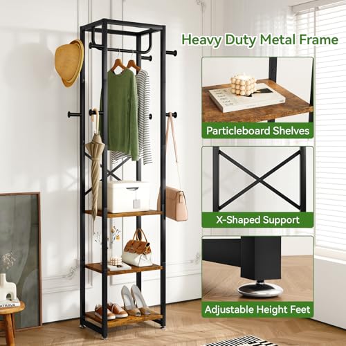 IBUYKE Coat Rack with Shelves, Freestanding Hall Tree with 3 Shelves and 8 Hooks, Industrial Clothes Stand for Entryway, Hallway, Bedroom, Rustic Brown UTMJ088H - color: Rustic Brown