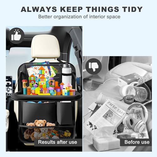 Car Backseat Organizer with Tablet Holder,6 Storage Pockets Car Storage Organizer with Foldable Food Tray,Kick Mats Backseat Protector Travel Accessories (Black) - color: Black, size: 1 Pack with Food Tray