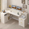TVU Farmhouse L Shaped Desk with Drawers, 62.2" Home Office Desk with Storage Shelves and Power Outlet, L Shaped Computer Desk with Monitor Stand and Printer Shelf, White - color: White