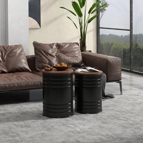 HOMCOM Nesting End Table Set of 2, Round Storage Ottoman Stool with Removable Wood Lid, Metal Frame & Hidden Space, Farmhouse Side Table for Living Room, Black