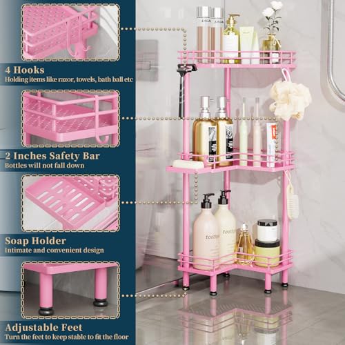 Consumest Corner Shower Caddy Standing - 3-Tier Stainless Steel Shower Organizer with Soap Holder and 4 Hooks, Large Capacity Corner Shelf Stand for Bathroom, Rest Room, Pink - color: Pink, size: 3 Tier