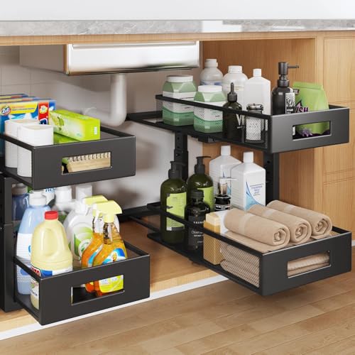 2 Packs 17IN Depth Under Sink Organizer, 2-Tier Pull Out Cabinet Organizer With Smooth Circular Rail, Large Capacity Metal Mesh Sliding Drawers For Bathroom& Kitchen Storage,Height Adjustable –Black - color: Black, size: 2 Pack-17"Dx11.6"-16.7" H