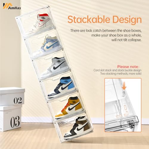 Amllas 8 Pack Shoe Boxes Clear Plastic Stackable, Large Shoe Storage Organizer with Lids,Drop Side Shoe Containers for Entryway,Sneaker Storage Fit up to US Size 13 (13’’x 10.6”x 8.3”) - color: Clear