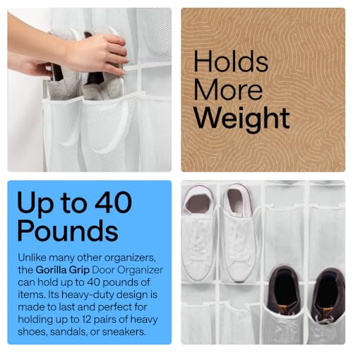 GORILLA GRIP Over the Door Shoe Organizer, 12 Large Breathable Mesh Pockets, Space Saving Hanging Storage Holder, 2 Hook Closet Rack Hanger, Hangs on Closets for Shoes, Accessories, 64H x 9.5W White - color: White, size: 12 Pockets/2 Hooks