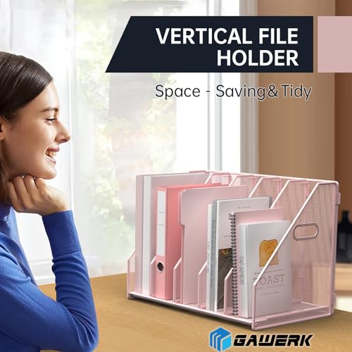 MINDEPOT Desk File Organizer Metal Desk Magazine Folder Holder with 5 Vertical Compartments Rack File Organizer for Office, Home, School (Pink) - color: Pink