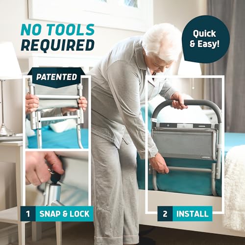 Lunderg Large Bed Assist Rail for Seniors with Motion-Activated Light & Storage Pocket - Easy to Install Bed Rails for Elderly Adults Safety & Post-Surgery - Helps Reduce Falls & Support Independence - size: 17.5"