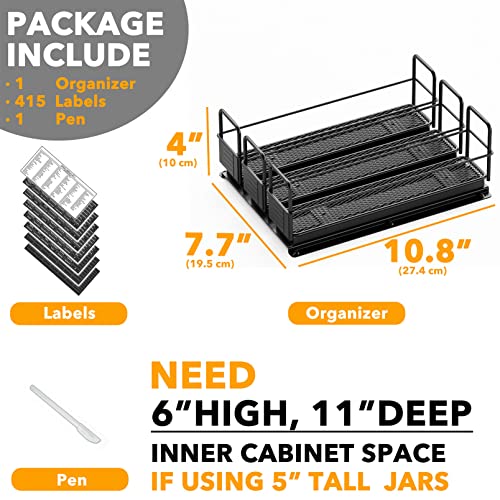 SpaceAid Pull Out Spice Rack Organizer for Cabinet, Heavy Duty Slide Out Seasoning Kitchen Organizer, Cabinet Organizer, with Labels, 7.7" W x10.75 D x4 H, 3 Drawers 1-Tier - style: Three 2"W Drawers, 1-Tier