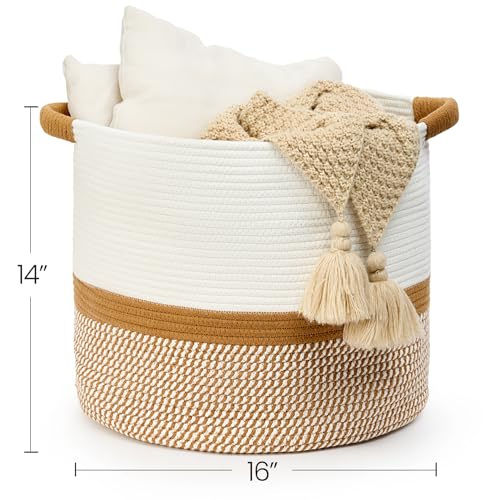 Blanket Basket - Woven Round Rope Storage Basket (16"Wx14"H) for Blankets & Throws, Small Laundry & Toy Organizer, Decorative Living Room & Bedroom Cotton Basket - White & Jute Mixed - color: White & Jute Mixed, size: Regular-16"Wx14"H