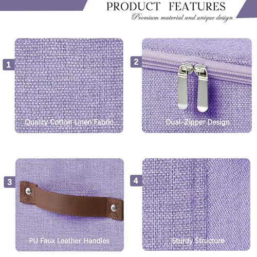 Storage Bins with Zipper Lid Foldable Fabric Lidded Storage Boxes Baskets Cubes Washable Collapsible PU Leather Handle Cotton Linen Shelves Closet Organizer Container(Purple, Small Size) - color: Purple, size: Small ( Set of 1 )