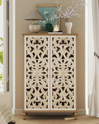 47" Tall Accent Cabinet with Carved Doors, Storage Cabinet with 3 Adjustable Shelves, Narrow Boho Farmhouse Sideboard for Entryway, Living Room, White&Natural