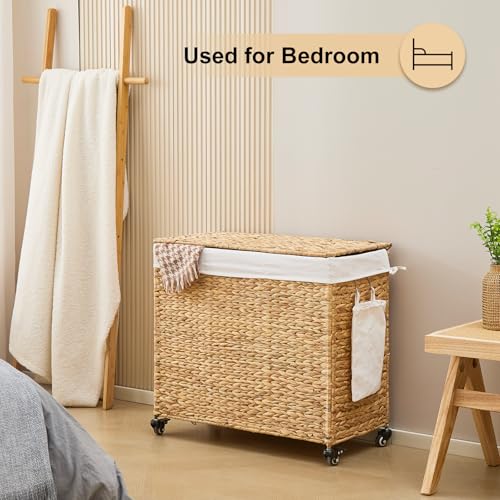 Handwoven Hamper with Lid, Laundry Basket with Wheels, Machine Washable Liner, 3 Section Clothes Hamper for Bathroom Laundry Room Bedroom(Natural, 165L) - color: Natural/With Lid/165L