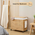 Handwoven Hamper with Lid, Laundry Basket with Wheels, Machine Washable Liner, 3 Section Clothes Hamper for Bathroom Laundry Room Bedroom(Natural, 165L) - color: Natural/With Lid/165L