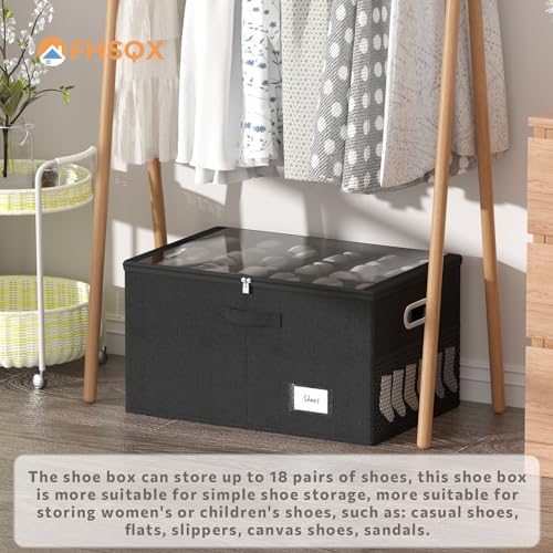 Shoe Organizer for Closet, Shoe Box Storage Containers Fit 18 Pairs Foldable Shoe Storage Bins with Clear Cover & Adjustable Dividers for Shoes Blankets Linen Clothing (Black, (24.4*16.5*12.9)x1) - color: Black, size: (24.4*16.5*12.9)x1