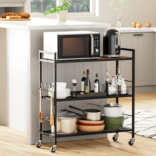 3-Tier Metal Storage Rack with Industrial Wheels,Mesh Shelving Unit with Wooden Table top,Adjustable Shelf,31.5-Inch Width, for Kitchen, Laundry,Pantry,Plant,Black - color: Brown Panel, size: 3 Tier (31.5"W x 11.8"D)