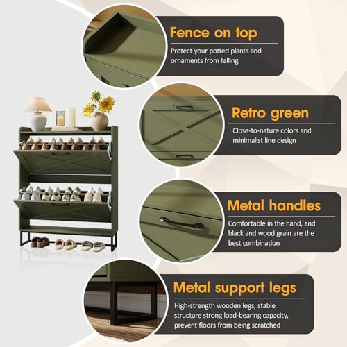 Maupvit Shoe Storage Cabinet with 2 Flip Drawers, Freestanding Shoe Organizer with Metal Legs for Entryway, Narrow Shoe Rack Cabinet, Green - color: Green, style: 2-Drawers
