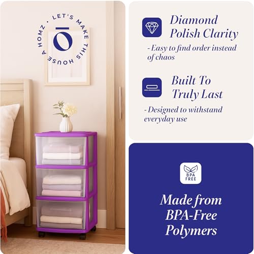 HOMZ 2-Pack Drawer Tower, 3-Tier Clear Plastic Storage Organizer Cart, Purple Frame - Organizing Containers with Wheels for Home, Bathroom, Bedroom, Office, and Classroom - color: Purple, size: 2 Pack