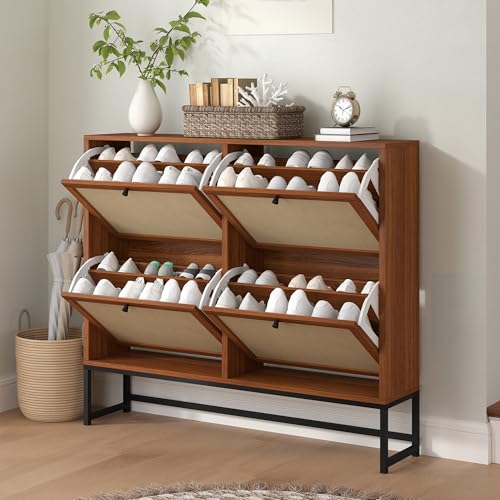 AVZEAR 43" Narrow Shoe Storage Cabinet for Entryway with Natural Linen Panel, Freestanding Slim Shoe Cabinet with 4 Flip Drawers, Wood Shoe Organizer Closed Shoe Rack for Hallway, Living Room(Walnut) - color: Walnut, size: 4 Drawers