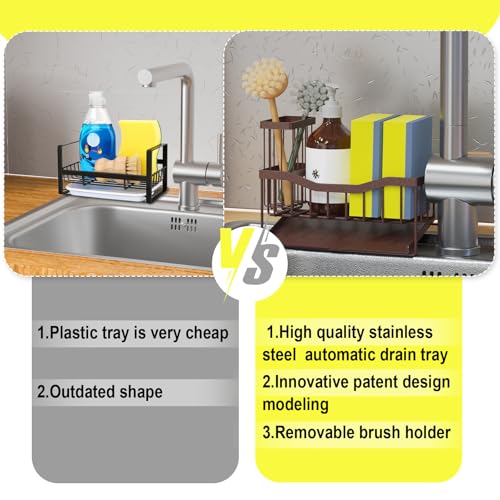 Fssvcd Maifan Sink Caddy Sponge Holder for Kitchen with Brush Holder and Stainless Steel Self Drain Tray, Rustproof Kitchen Sink Organizer for Sponge, Soap Dispenser Storage Accessories - color: Bronze