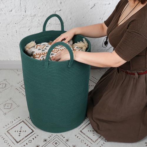 XUANGUO Cotton Rope Laundry Basket Hamper for Clothes Woven Storage Basket for Living Room Bedroom Boho Tall Rope Baskets for Blanket Toys Pillow Towels Baby Nursery Hamper Bin Large dark green - color: dark green, size: Large
