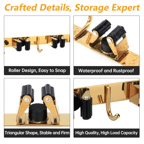 3 Racks and 4 Heavy Duty Hooks Mop and Broom Holder Wall Mount, Non-slip Organizer Storage Utility Tool Racks for Garage,Kitchen,Laundry Room,Garden. Gold - color: Gold