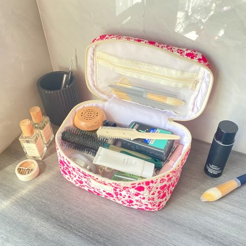 Rose Red Large Quilted Floral Makeup Bag Cute Soft Coquette Aesthetic Cosmetic Bag Cotton Travel Toiletry Bag for Women - color: A-Rose red