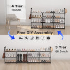 3 Row 4 Tier Long Shoe Rack, Black Metal Stackable Shoe Shelf with Multifunctional Hooks, Shoe Storage Hold 24-30 Pairs, Space Saving Shoe Organizer for Closet,Wide Shoe Rack - size: 3 Row 4 Tier