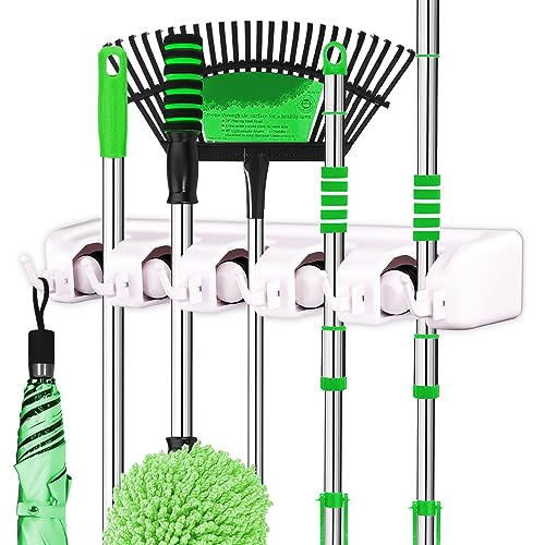 LETMY Broom Holder Wall Mount - Mop and Broom Hanger Holder - Garage Storage Rack & Garden Tool Organizer - 5 Position 6 Hooks Broom Rack for Home, kitchen, Garden, Tools, Garage Organization - White - color: White
