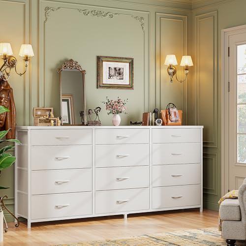 Romorgniz 55" Long Dresser for Bedroom with 12 Fabric Drawers, Entertainment Center for 60 inch TV Dressers & Chests of Drawers Large Organizer, Living Room, Metal Frame, Wood Top, White - color: White