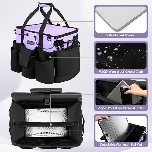 LOEUO Large Cleaning Caddy for Cleaning Supplies Organizer, Rolling Cleaning Caddy Bags with Wheels for Housekeepers, Cleaning Carts on Wheels for Home Car Office Picnic - color: Black-purple