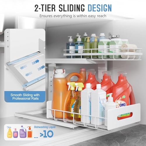 Under Sink Organizer Upgrade To Professional Rails,2-Tier Dual Pull Out Cabinet Storage,Height Adjustable Slide Out Drawers For Bathroom Kitchen,2 Pack-16.7"Dx12.8"-16.9"H,White - color: White, size: 2 Pack-16.7"Dx12.8"-16.9"H