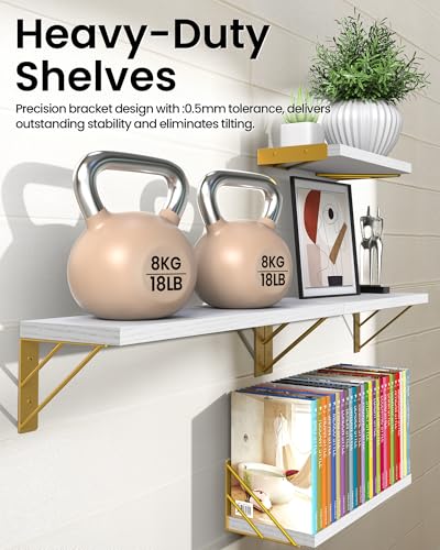 BAYKA Wall Shelves for Bedroom Decor, Floating Wall Shelf for Living Room Kitchen Storage, Mounted Rustic Wood Shelves for Kids Books, Christmas Decorations for Room(White and Gold，Set of 4) - color: B. White Board & Gold Brackets, size: 16-inch Mixed
