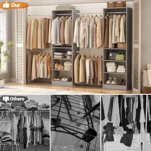 Homieasy Closet System, 4.5-11.5 Ft Expandable Closet Organizer with 5 Hanging Rods, Walk-in Wood Closet Organizer System with Storage Tower, Heavy Duty Garment Rack Wardrobe for Bedroom, Gray - color: Gray